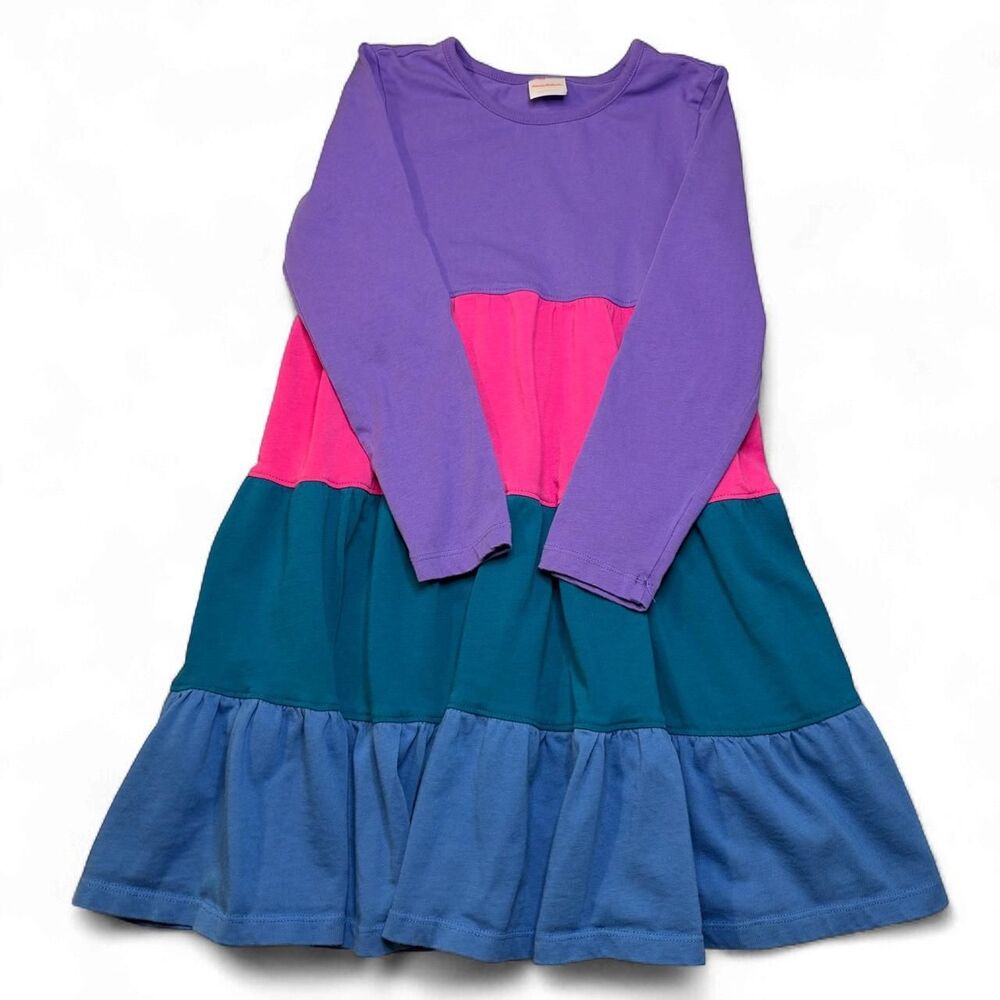 Hanna Andersson Girls Colorblock Tiered Long Sleeve Dress Purple Pink Size 8